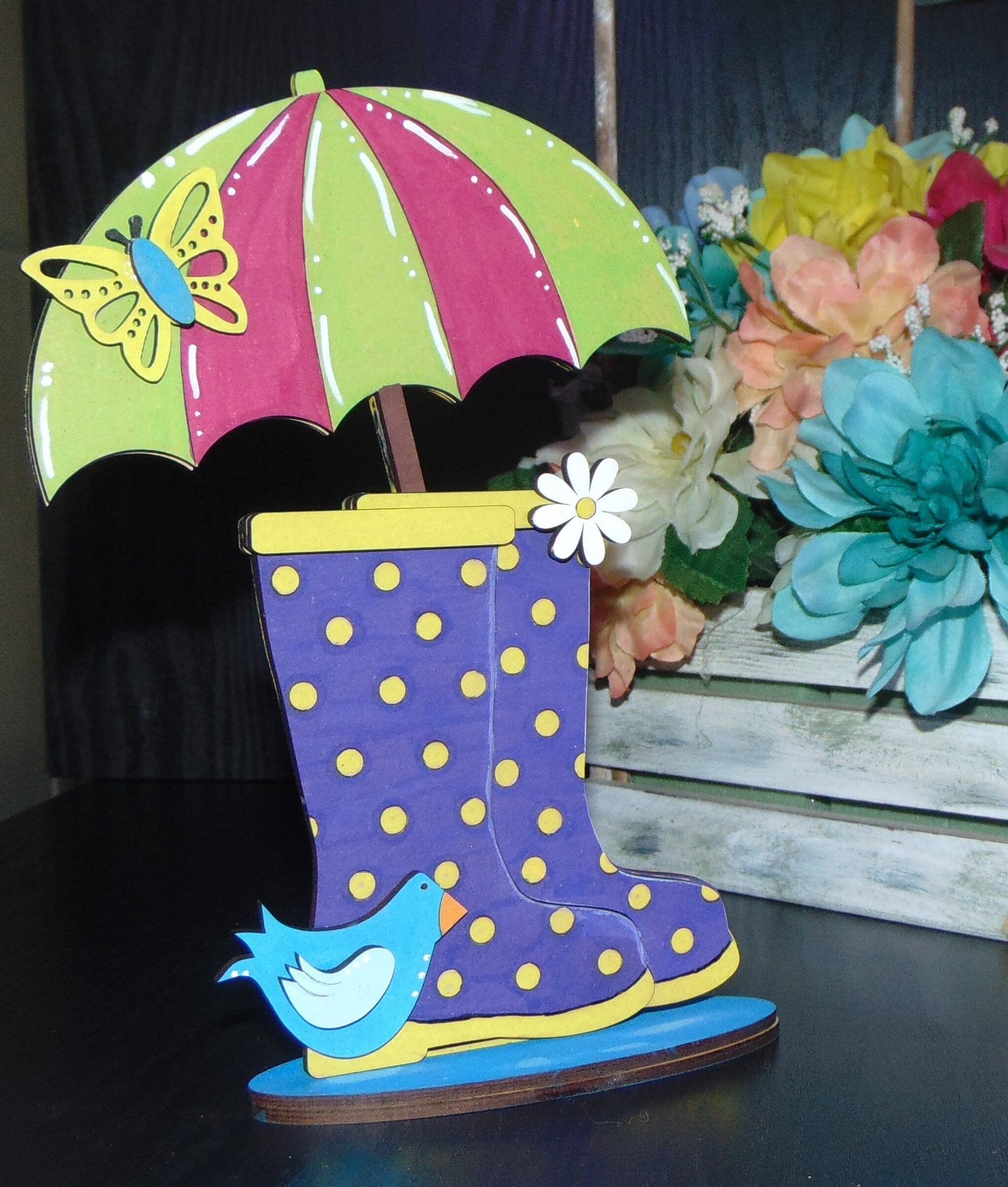 DIY Unfinished Rainboots & Umbrella MDF Shelf Sitter Set - Polka Dot Decor Clear Directions - Whimsical Decor - Crafters Delight - Gift Idea
