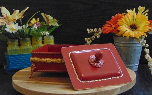 Glamourous Keepsake: Upcycled Silver Box with Rhinestone Trim, Distinctive Compressed Wood, and Custom Red Paint Accent