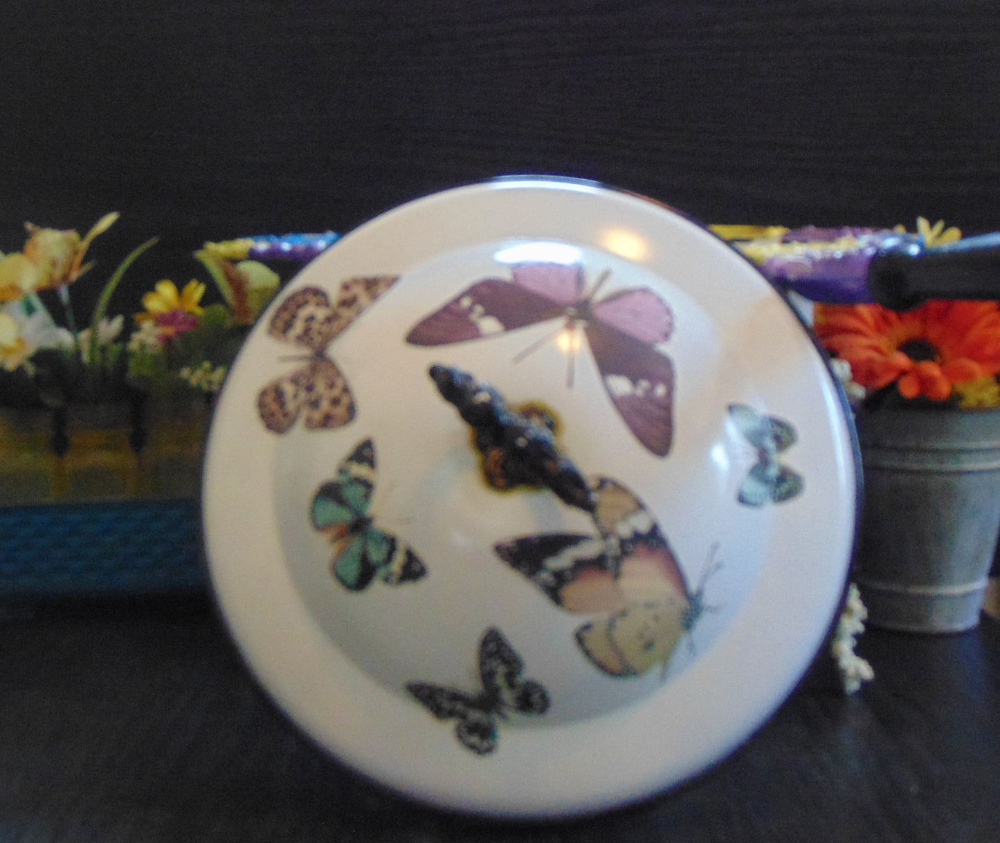 Fluttering Elegance: Upcycled Silver Chafing Dish with Enchanting Butterflies and Artistic Paint Finishes | Sustainable Art | Butterflies